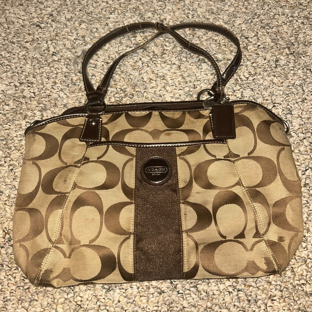 Coach Tan and Brown Signature Shoulder Bag